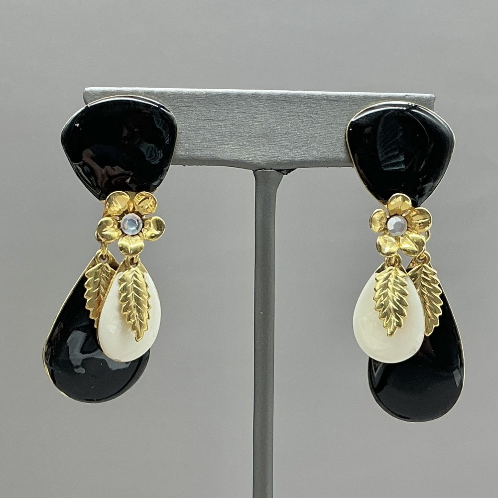 Earrings Black White Enamel‎ Teardrop Dangle Drop Womens Flower Leaf Jewelry